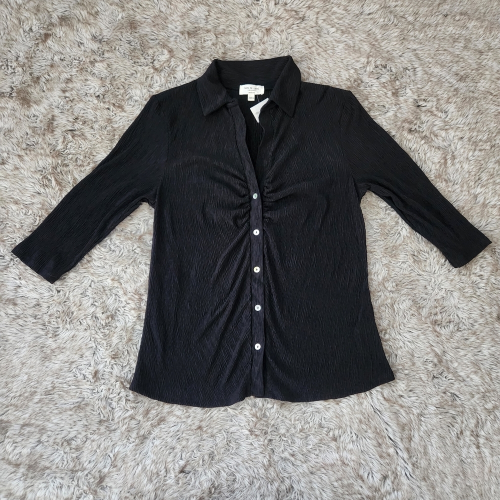 Kim & Cami 3/4 Length Sleeve Button Down Textured Black Blouse Women's Medium